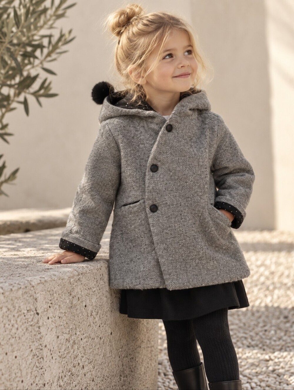 Zara Girls Gray Wool Blend Hooded Pom Pom Dress Coat Jacket Size 3T